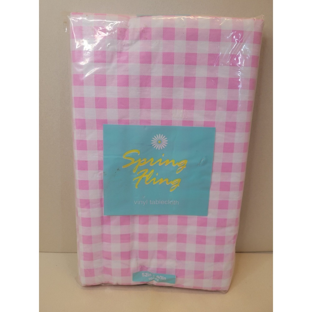 Spring Fling Pink‎ Gingham Vinyl Tablecloth 52x90 Oblong Flannel Backed Picnic